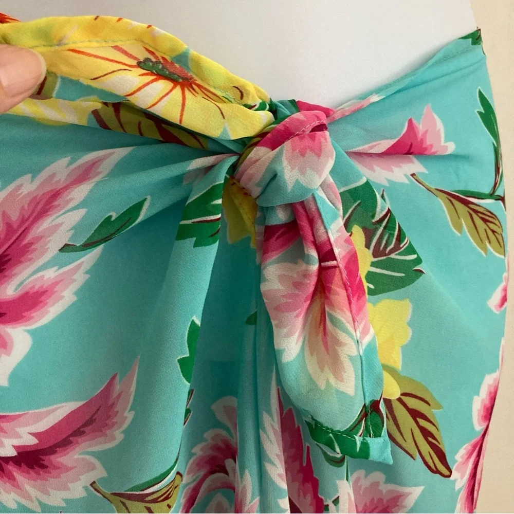 VTG Victoria’s Secret Sheer Tropical Floral Tie Front Flowy Sarong Like Pants, M